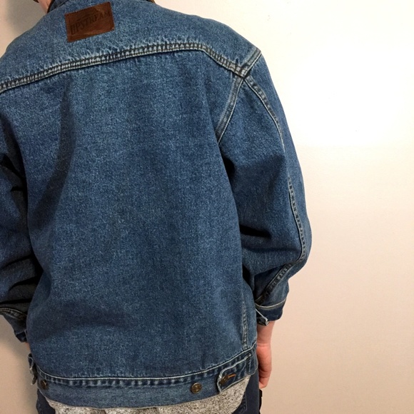 Altered Vintage Jean Jacket with Leather, Plaid - Picture 5 of 8